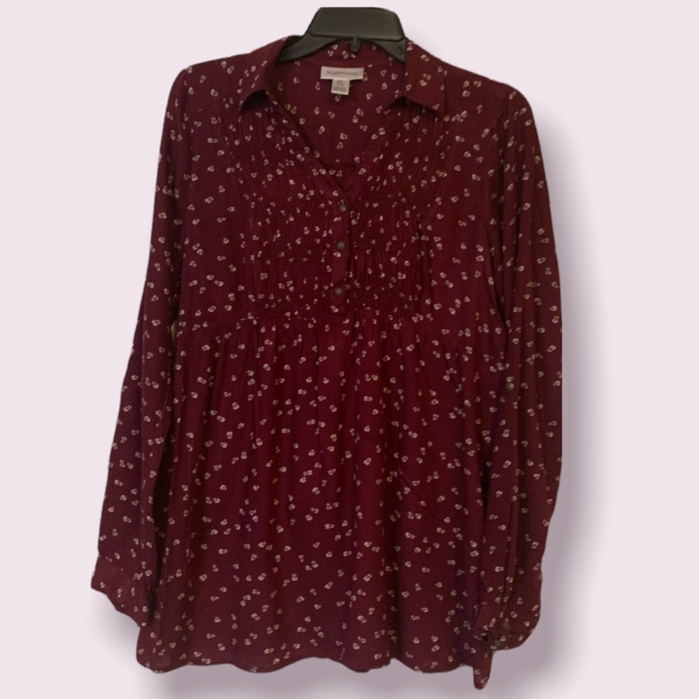 Motherhood Boho maternity  top, smocked top with tab long sleeves, size S